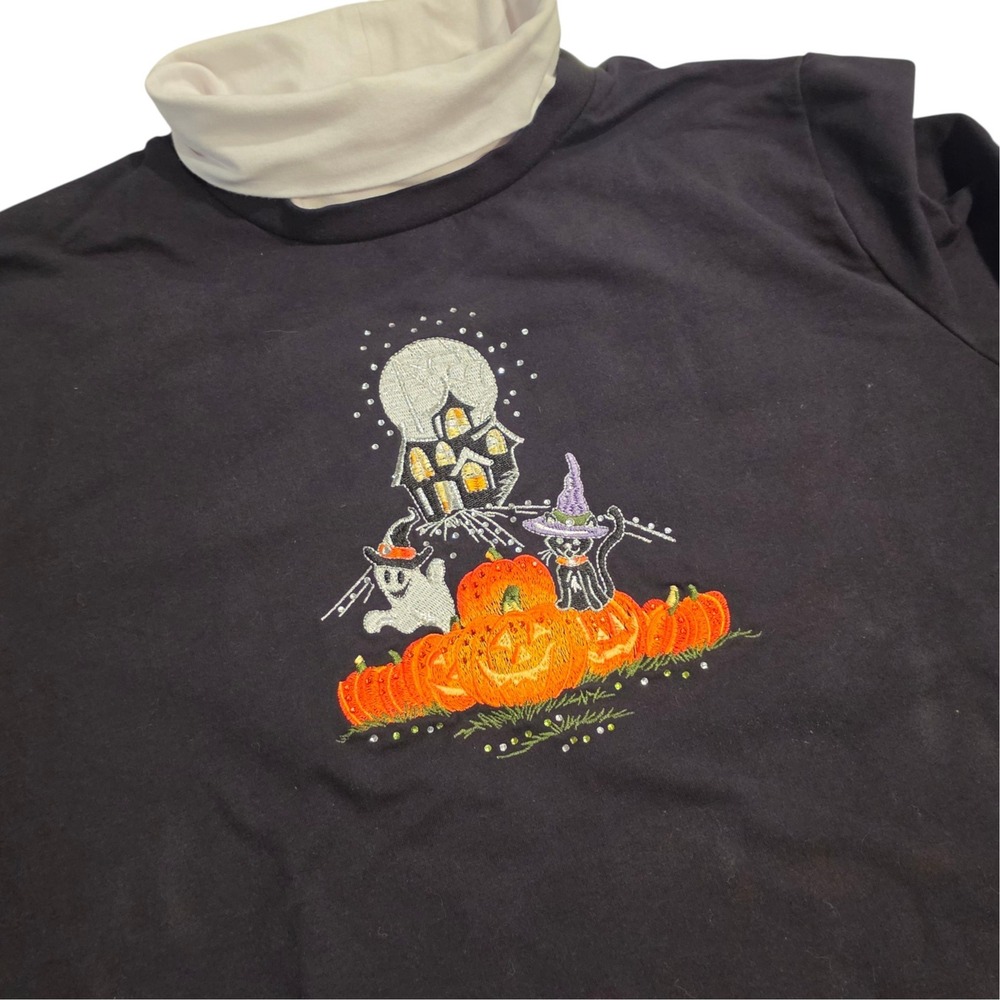 Quacker Factory Womens Halloween Mock Neck Top Black Embroidered Rhinestone 1X